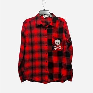 Red and Black Plaid Men's Shirt with Skull Design